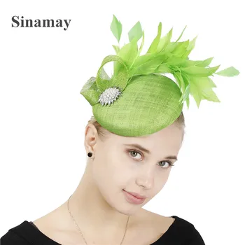 4 слоя Sinamay Свадебная Сетчатая Шляпа с перьями, светло-зеленый Льняной Чародей, Женские Аксессуары, Элегантный Головной Убор Высокого Качества