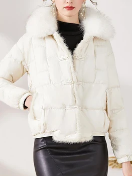 Fitaylor, Новая зимняя куртка с воротником из натурального лисьего меха, женская модная куртка на 90% белом утином пуху, Однобортная теплая верхняя одежда