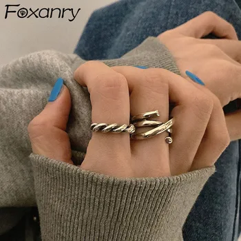 Foxanry, минималистичные вечерние кольца серебристого цвета для женщин, новые модные креативные многослойные геометрические тайские серебряные ювелирные изделия, подарки