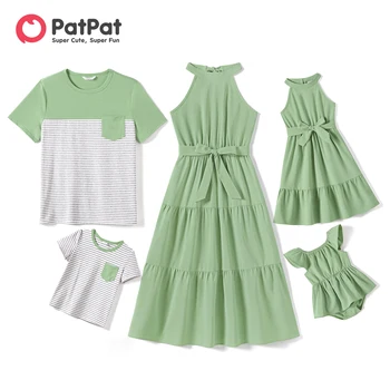PatPat/ одинаковые комплекты для семьи, однотонные платья с низким воротом и полосатыми вставками, футболки с короткими рукавами, комплекты для всей семьи