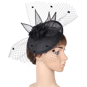 Sinamay/ Черные женские свадебные шляпы-чародейки с вуалью, Модные головные уборы для коктейлей, Аксессуары для волос, Сетчатая свадебная кепка невесты