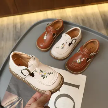 Детская кожаная обувь, кроссовки с вышивкой для девочек, весенне-осенняя детская Т-образная обувь, повседневная обувь на мягкой подошве