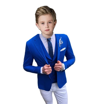 Детские костюмы Синий костюм на заказ для подростков, официальный смокинг, блейзер, свадебная вечеринка, куртка из 3 предметов + брюки + жилет + галстук-бабочка