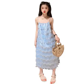Длинные платья с кисточками из перьев для девочек-подростков, 2023, Летняя корейская повседневная детская одежда, костюмы от 5 до 14 лет