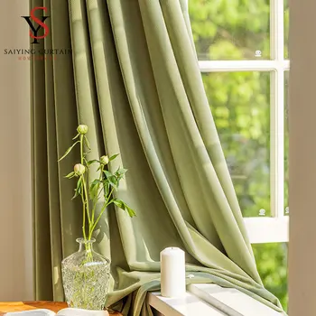 Европейские бархатные затемненные шторы для гостиной, жаккардовый зеленый, Плотная штора для спальни, однотонная ткань с затенением 85%