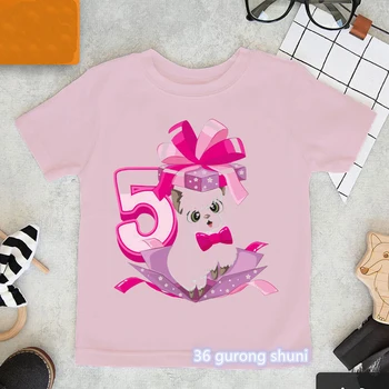 Кавайная футболка для девочек с изображением Забавного кота от 2 до 6 лет, Подарок на День Рождения, Костюм, Милая одежда Для девочек, Летняя детская Футболка, Розовые Топы
