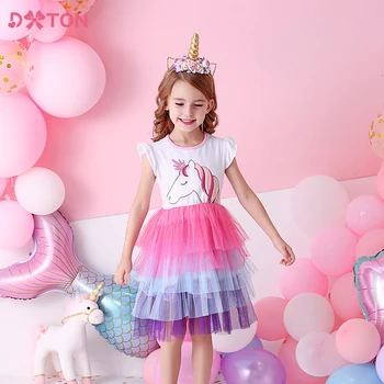 Летнее платье для девочек DXTON, детское многослойное платье-пачка Принцессы, платья с рисунком Единорога для девочек, Детские праздничные платья, детская одежда