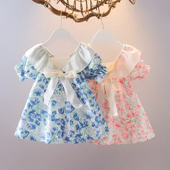 Летняя детская модная одежда 2023 года, повседневная одежда для девочек, платье с галстуком-бабочкой и принтом/Повседневная одежда для младенцев