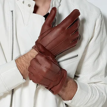 Модные мужские перчатки из оленьей кожи с пуговицами на запястье, перчатки из натуральной оленьей кожи, мужские варежки, зимние теплые уличные перчатки для вождения