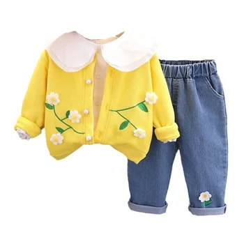 Новый весенне-осенний модный костюм для маленьких девочек, детская куртка, Рубашка, брюки, 3 шт./компл., повседневный костюм для малышей, детские спортивные костюмы