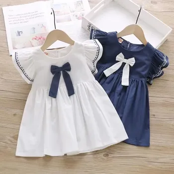 Платье для маленьких девочек, летнее новое детское платье трапециевидной формы с бантом, платье с коротким рукавом для малышей