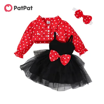Платья PatPat, праздничное платье, одежда для маленьких девочек, детская куртка из 100% хлопка с длинными рукавами и трикотажная сетка в рубчик, Cami, комплект из 3 предметов