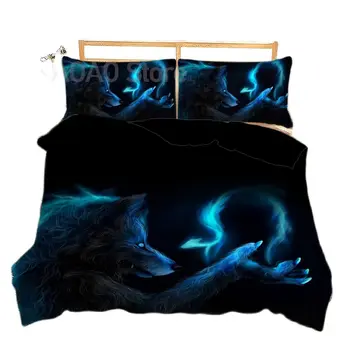 Пододеяльник с 3D принтом Животного Волка, Комплект постельного белья из трех синих наволочек Phantom, Полный Комплект King King для взрослых на двоих (без простыней)