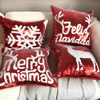 Рождественская наволочка, двусторонняя подушка с блестками, Снежинка, Маленький олень, Диван, наволочка для спальни, Украшение для дома