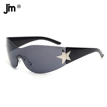 Солнцезащитные очки JM Y2K без оправы для женщин и мужчин, негабаритный модный щит, обернутый вокруг оттенков черных модных очков