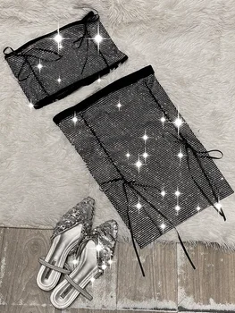 Укороченный топ со стразами для девочек, юбка, Модные короткие юбки с бриллиантами, Женские Сексуальные Роскошные топы-вспышки, Регулируемая шнуровка, две части